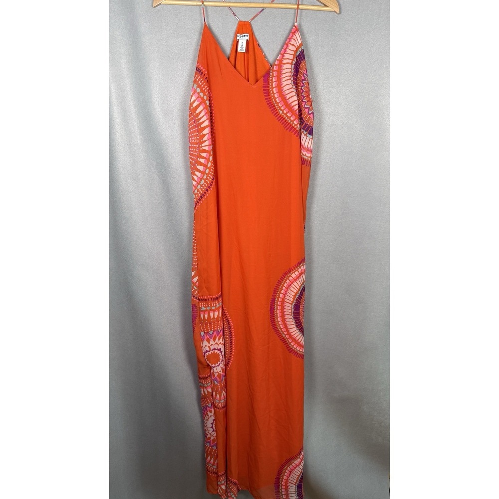 Boho Maxi Slip Dress Hippie Spaghetti Strap Orange Mandala Print XL Tall